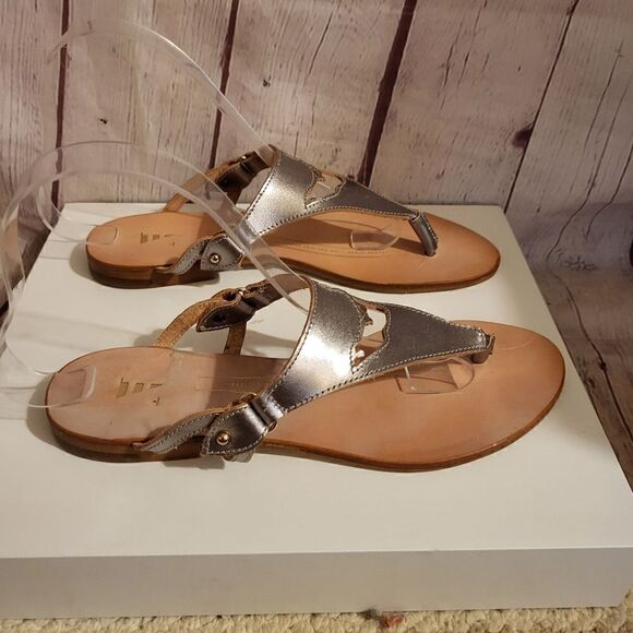 NEW Nantucket Soles Pewter Leather "Map Cut-out" Thong Slide Sandals 7m/37 $140N - Picture 4 of 11